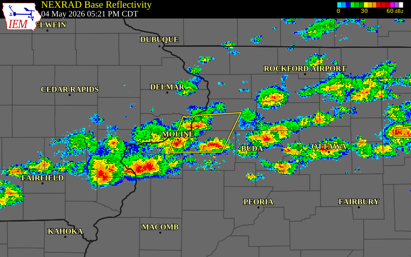 NEXRAD radar during the Monday, May 4, 2026 storm activity in Rock Island County, Illinois