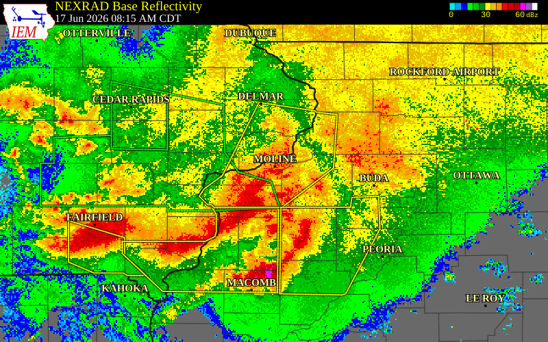 NEXRAD radar during the Wednesday, June 17, 2026 storm activity in Rock Island County, Illinois