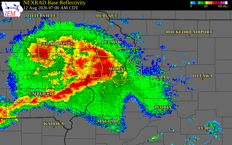 NEXRAD radar during the Wednesday, August 12, 2026 storm activity in Rock Island County, Illinois