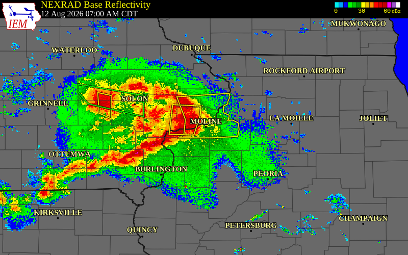 Radar snapshot during the Aug 12, 2026 wind event near 2 S Moline, Rock Island County, Illinois, with NWS warning polygons