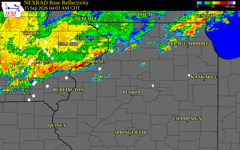 Current NEXRAD radar over Rock Island County, Illinois with recent storm report locations
