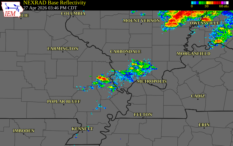 NEXRAD radar during the Monday, April 27, 2026 storm activity in Saline County, Illinois