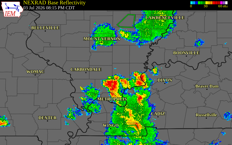 NEXRAD radar during the Friday, July 3, 2026 storm activity in Saline County, Illinois