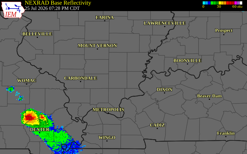 NEXRAD radar during the Saturday, July 25, 2026 storm activity in Saline County, Illinois