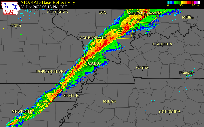 Radar snapshot during the Dec 28, 2025 wind event near Saline County, Saline County, Illinois, with NWS warning polygons