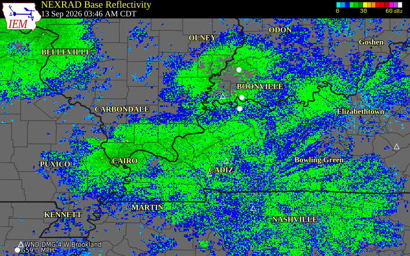 Current NEXRAD radar over Saline County, Illinois with recent storm report locations