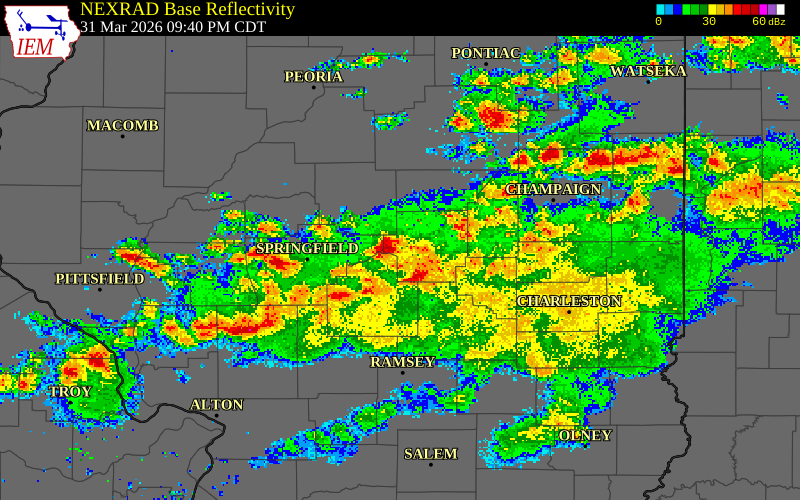 NEXRAD radar during the Tuesday, March 31, 2026 storm activity in Sangamon County, Illinois