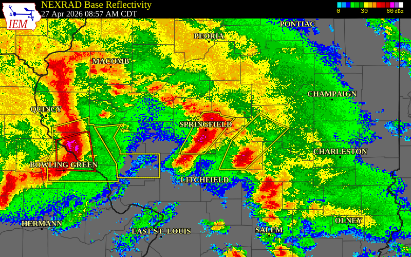 NEXRAD radar during the Monday, April 27, 2026 storm activity in Sangamon County, Illinois