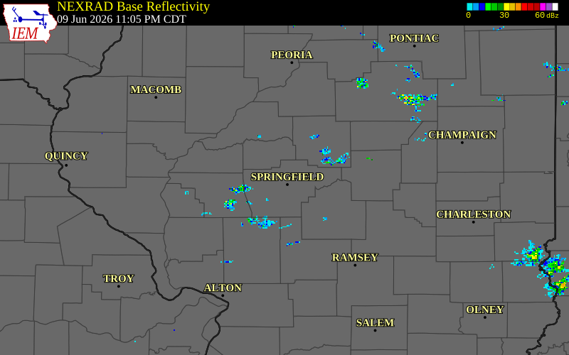 NEXRAD radar during the Tuesday, June 9, 2026 storm activity in Sangamon County, Illinois