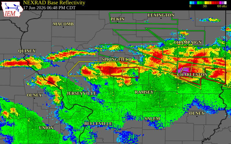 NEXRAD radar during the Wednesday, June 17, 2026 storm activity in Sangamon County, Illinois