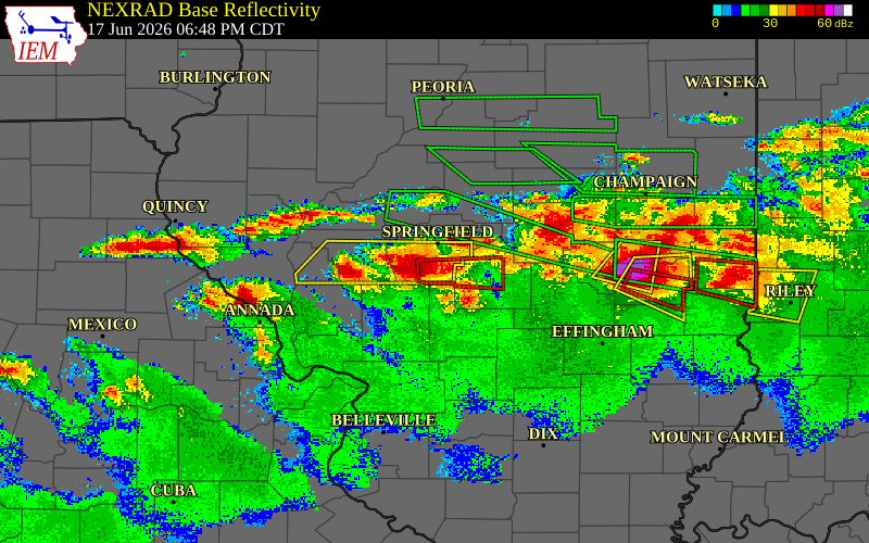Radar snapshot during the Jun 17, 2026 tornado event near 2 SW Glenarm, Sangamon County, Illinois, with NWS warning polygons