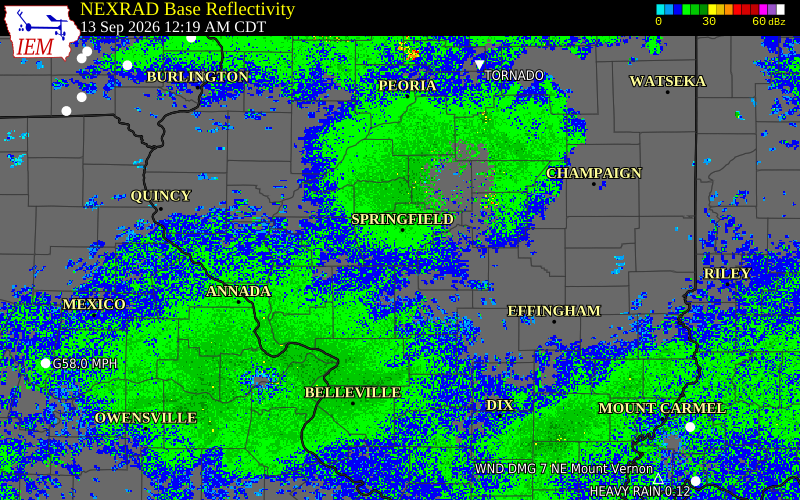 Current NEXRAD radar over Sangamon County, Illinois with recent storm report locations