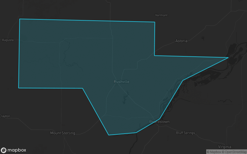 Map of Schuyler County, Illinois showing the county boundary and surrounding cities