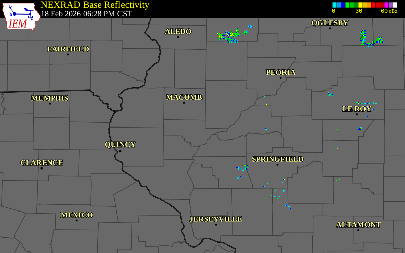 NEXRAD radar during the Wednesday, February 18, 2026 storm activity in Schuyler County, Illinois