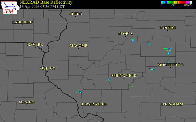 NEXRAD radar during the Thursday, April 16, 2026 storm activity in Schuyler County, Illinois