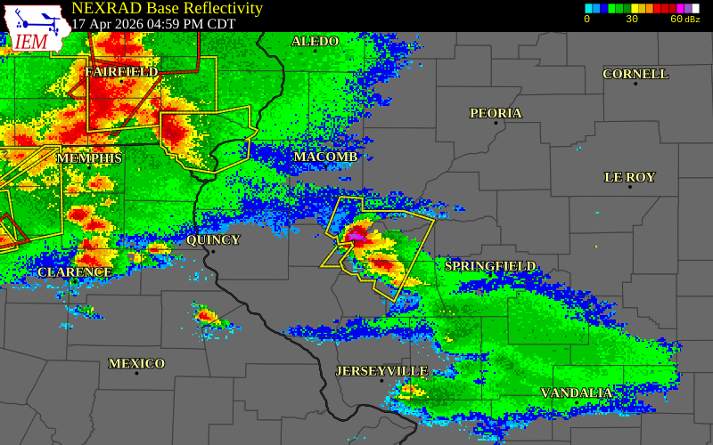 NEXRAD radar during the Friday, April 17, 2026 storm activity in Schuyler County, Illinois