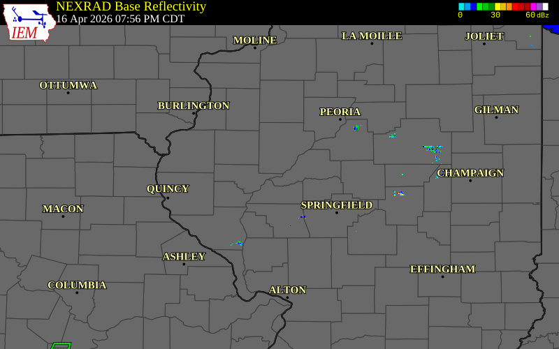 Radar snapshot during the Apr 16, 2026 tornado event near Bluff City, Schuyler County, Illinois, with NWS warning polygons