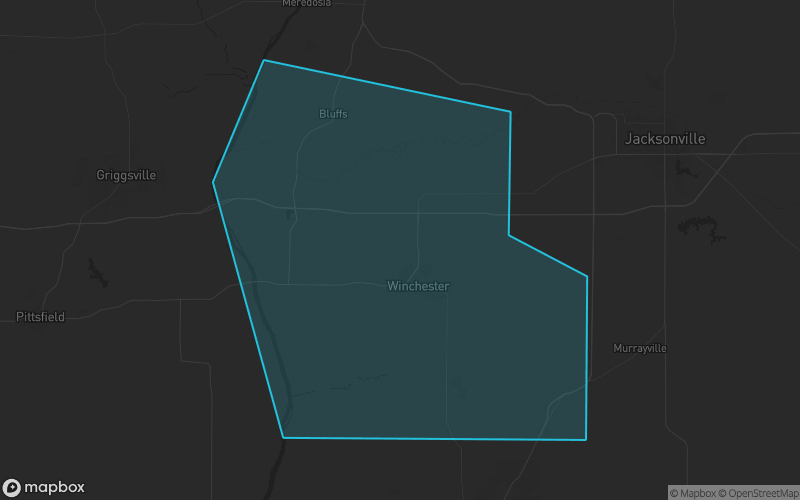 Map of Scott County, Illinois showing the county boundary and surrounding cities