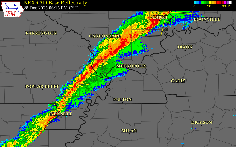 NEXRAD radar during the Sunday, December 28, 2025 storm activity in Scott County, Illinois