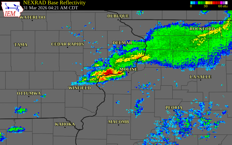 NEXRAD radar during the Tuesday, March 31, 2026 storm activity in Scott County, Illinois