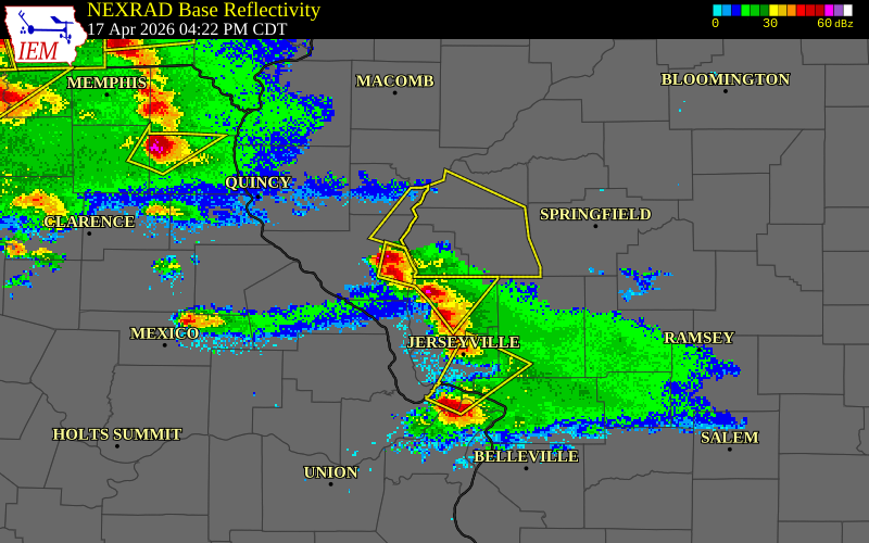 NEXRAD radar during the Friday, April 17, 2026 storm activity in Scott County, Illinois