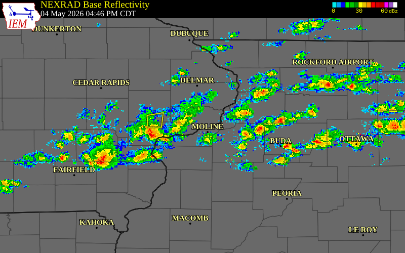 NEXRAD radar during the Monday, May 4, 2026 storm activity in Scott County, Illinois