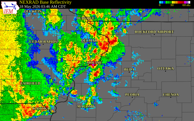NEXRAD radar during the Monday, May 18, 2026 storm activity in Scott County, Illinois