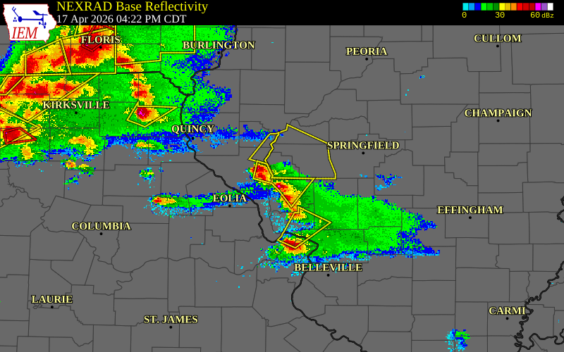 Radar snapshot during the Apr 17, 2026 wind event near Glasgow, Scott County, Illinois, with NWS warning polygons