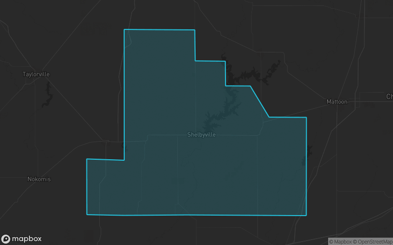 Map of Shelby County, Illinois showing the county boundary and surrounding cities