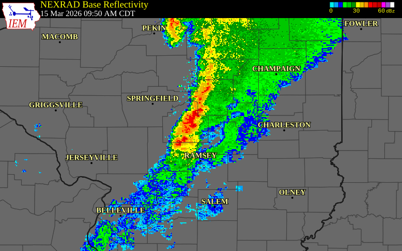 NEXRAD radar during the Sunday, March 15, 2026 storm activity in Shelby County, Illinois