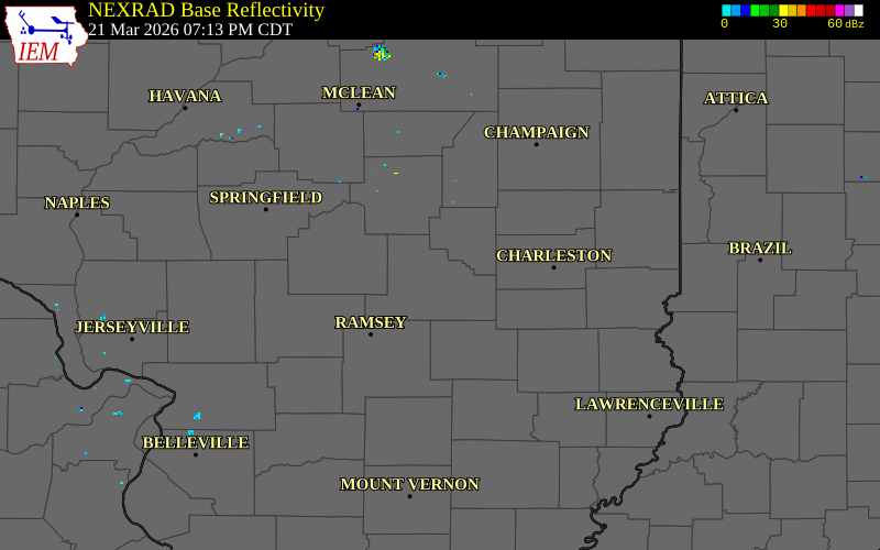NEXRAD radar during the Saturday, March 21, 2026 storm activity in Shelby County, Illinois