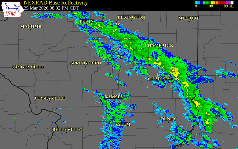 NEXRAD radar during the Wednesday, March 25, 2026 storm activity in Shelby County, Illinois