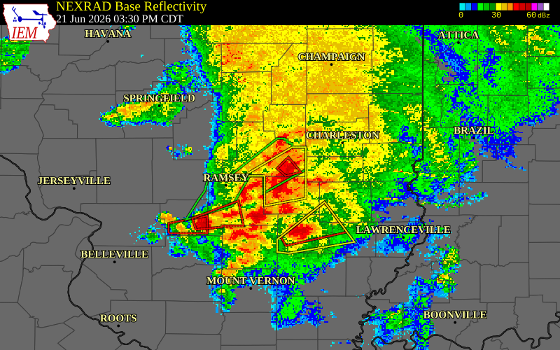 NEXRAD radar during the Sunday, June 21, 2026 storm activity in Shelby County, Illinois