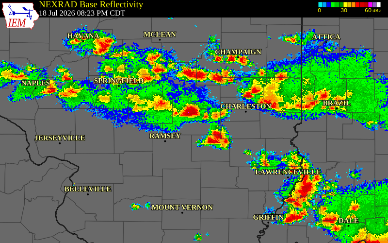 NEXRAD radar during the Saturday, July 18, 2026 storm activity in Shelby County, Illinois