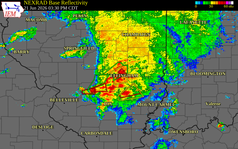 Radar snapshot during the Jun 21, 2026 tornado event near 4 NNW Shumway, Shelby County, Illinois, with NWS warning polygons