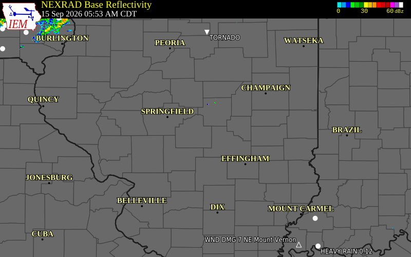 Current NEXRAD radar over Shelby County, Illinois with recent storm report locations