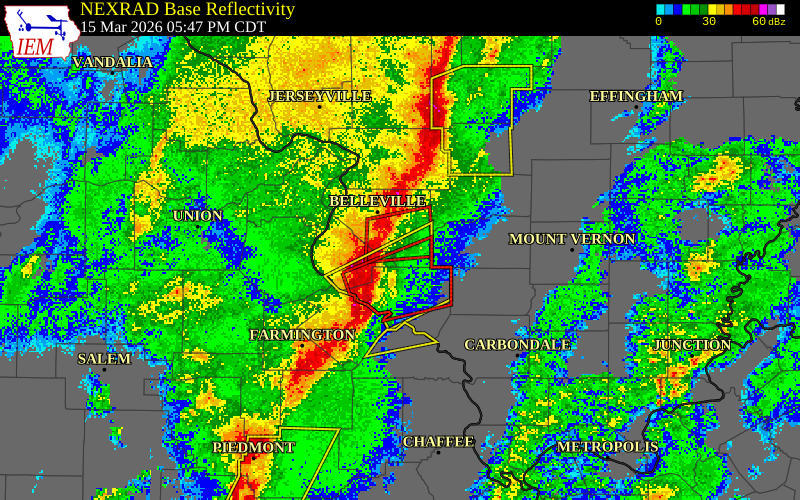 NEXRAD radar during the Sunday, March 15, 2026 storm activity in St. Clair County, Illinois