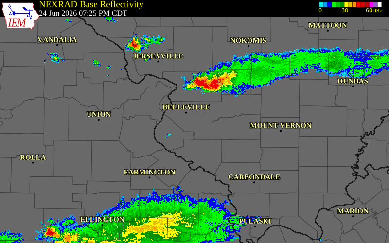 NEXRAD radar during the Wednesday, June 24, 2026 storm activity in St. Clair County, Illinois