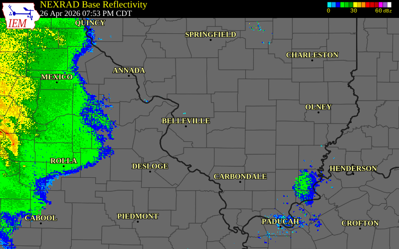 Radar snapshot during the Apr 26, 2026 tornado event near 3 ENE Scott Afb, St. Clair County, Illinois, with NWS warning polygons