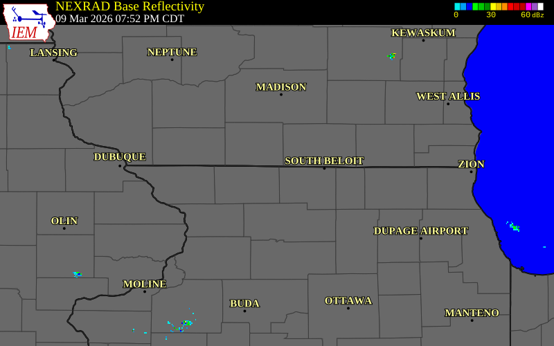NEXRAD radar during the Monday, March 9, 2026 storm activity in Stephenson County, Illinois