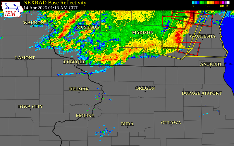 NEXRAD radar during the Tuesday, April 14, 2026 storm activity in Stephenson County, Illinois