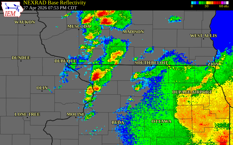 NEXRAD radar during the Monday, April 27, 2026 storm activity in Stephenson County, Illinois