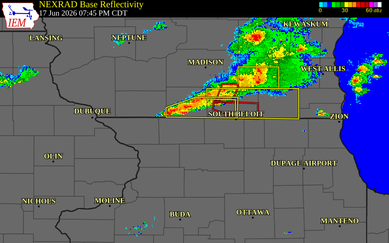 NEXRAD radar during the Wednesday, June 17, 2026 storm activity in Stephenson County, Illinois