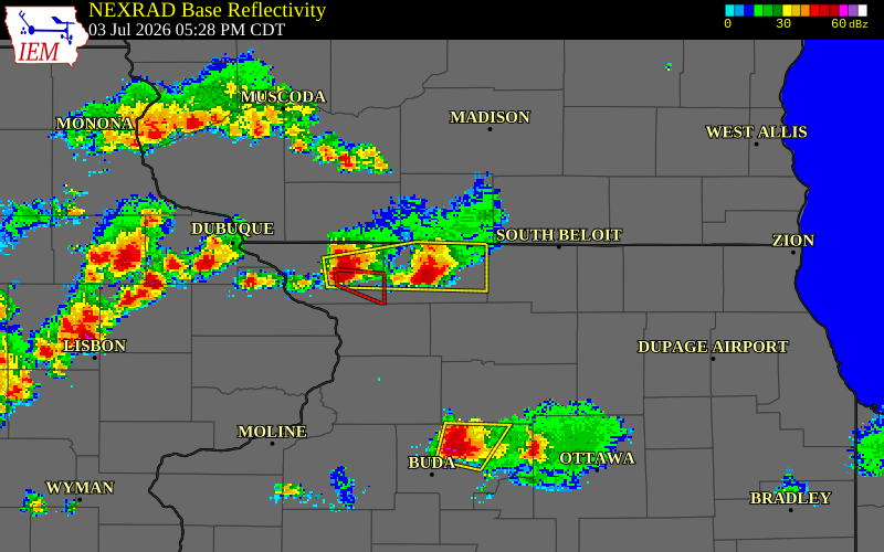 NEXRAD radar during the Friday, July 3, 2026 storm activity in Stephenson County, Illinois