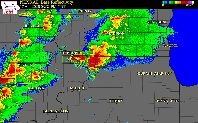 Radar snapshot during the Apr 17, 2026 tornado event near 3 NNE Kent, Stephenson County, Illinois, with NWS warning polygons