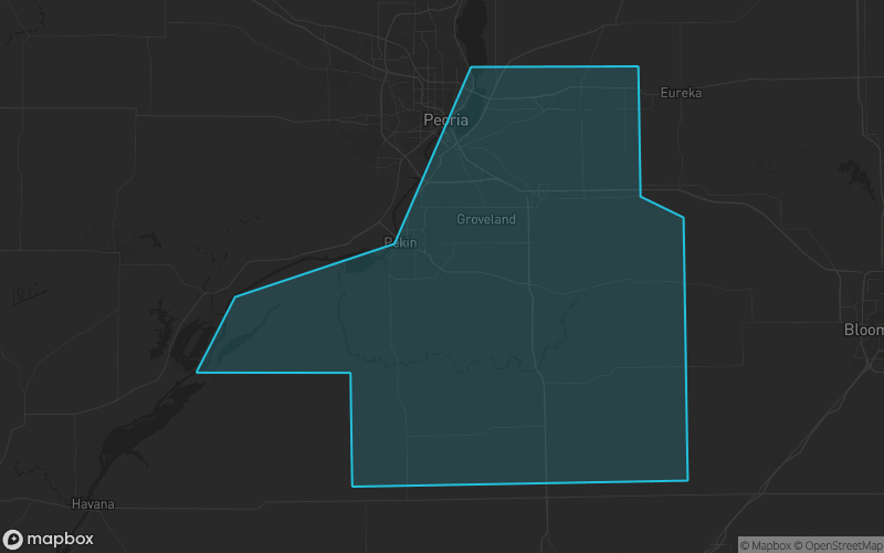 Map of Tazewell County, Illinois showing the county boundary and surrounding cities