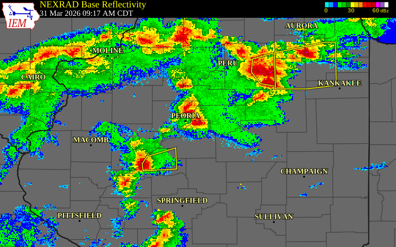 NEXRAD radar during the Tuesday, March 31, 2026 storm activity in Tazewell County, Illinois