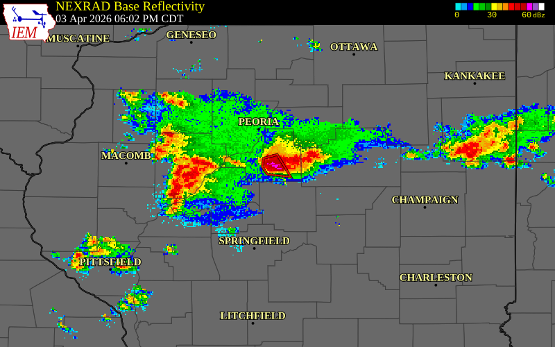 NEXRAD radar during the Friday, April 3, 2026 storm activity in Tazewell County, Illinois