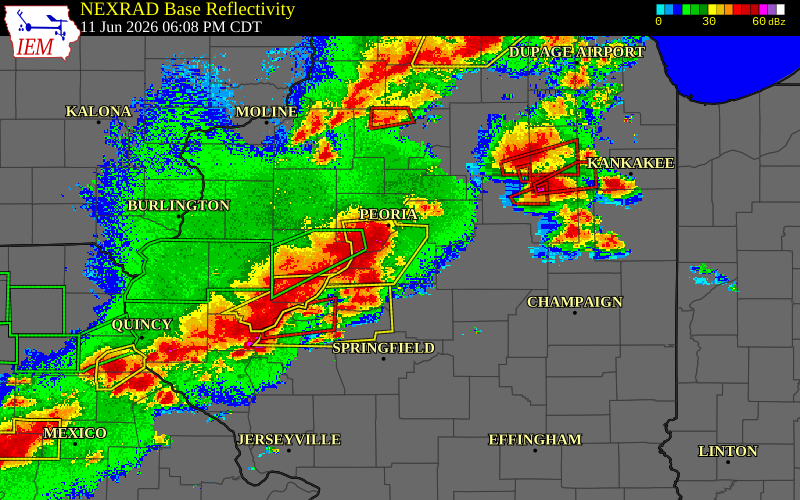 Radar snapshot during the Jun 11, 2026 tornado event near 2 S Groveland, Tazewell County, Illinois, with NWS warning polygons