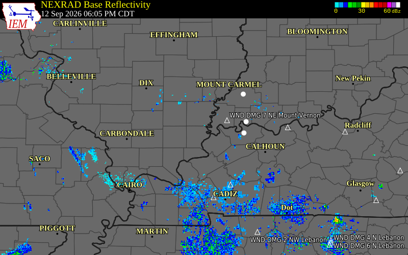 Current NEXRAD radar over Union County, Illinois with recent storm report locations